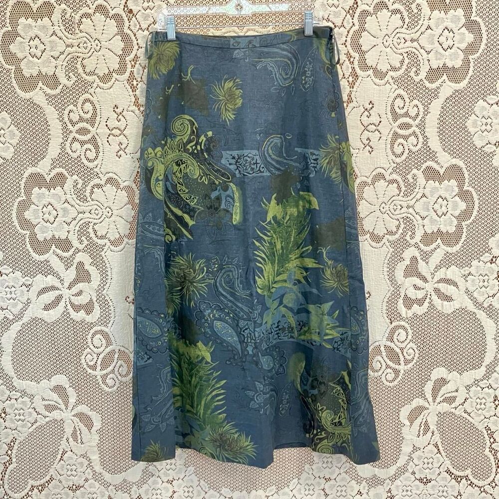 Vintage Women's Linen Blend Earthy Green & Blue Floral Paisley Print Long Skirt